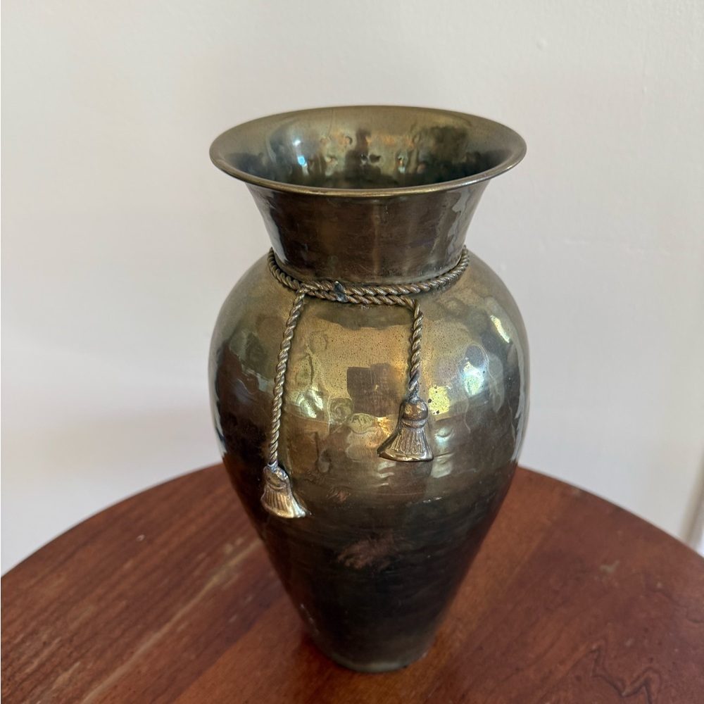 Vintage Hammered Brass Vase with Braided Rope & Tassel Accents Home Decor 10” - Picture 2 of 7